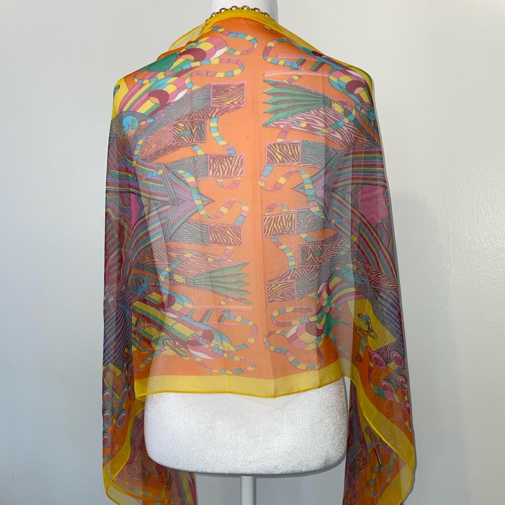 Colorful Patterned Long Orange Transparent‎ Spring Silk Modal Scarf 63” x 21” - Picture 4 of 8